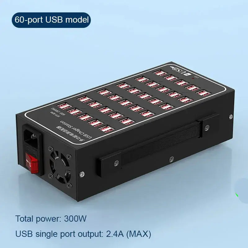 Multi-Port USB Desktop Station - 10/20/30/40/50/60 Port High Wattage Smart Charger with 60 ports and 300W power.
