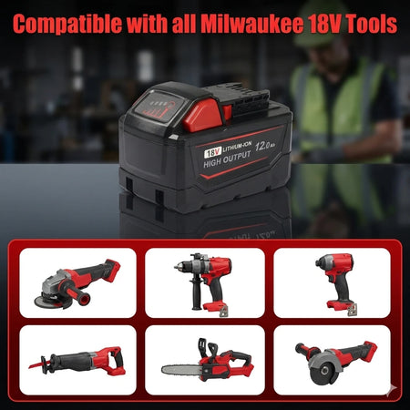 Four replacement batteries for Milwaukee M18 lined up