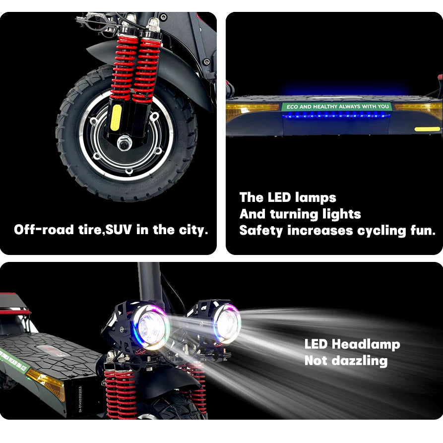 Front-end view of the EMANBA X4 e-scooter displaying bright LED headlights and dual suspension forks