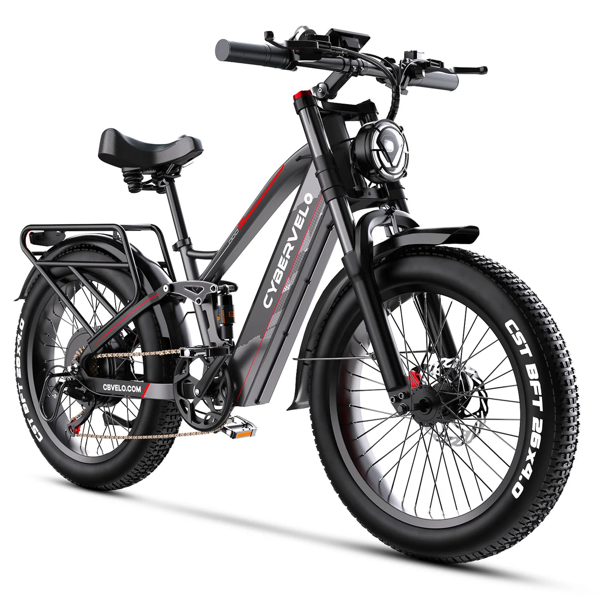 Front LED headlight illuminated on the Cybervelo commuter e-bike GREY