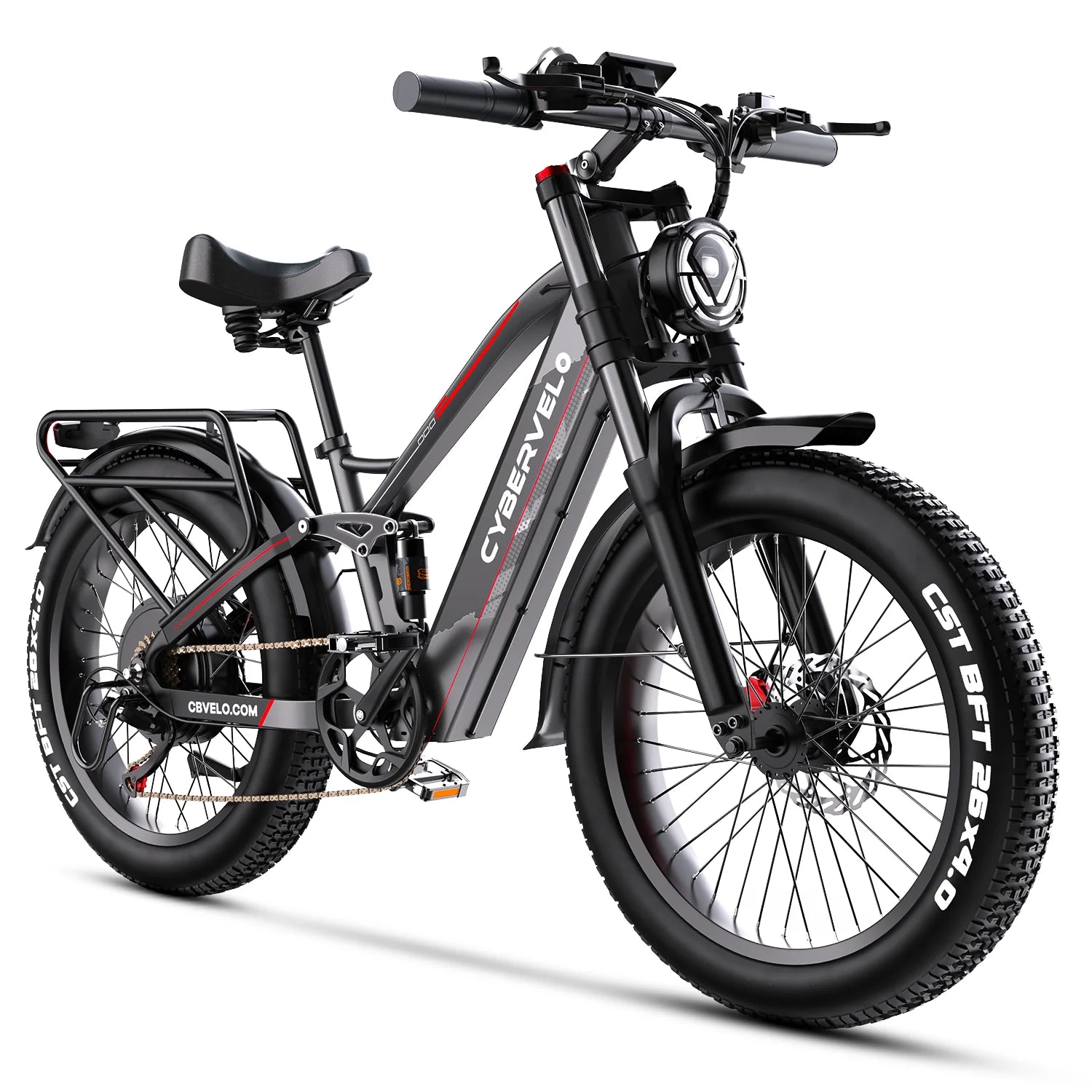 Front LED headlight illuminated on the Cybervelo commuter e-bike GREY