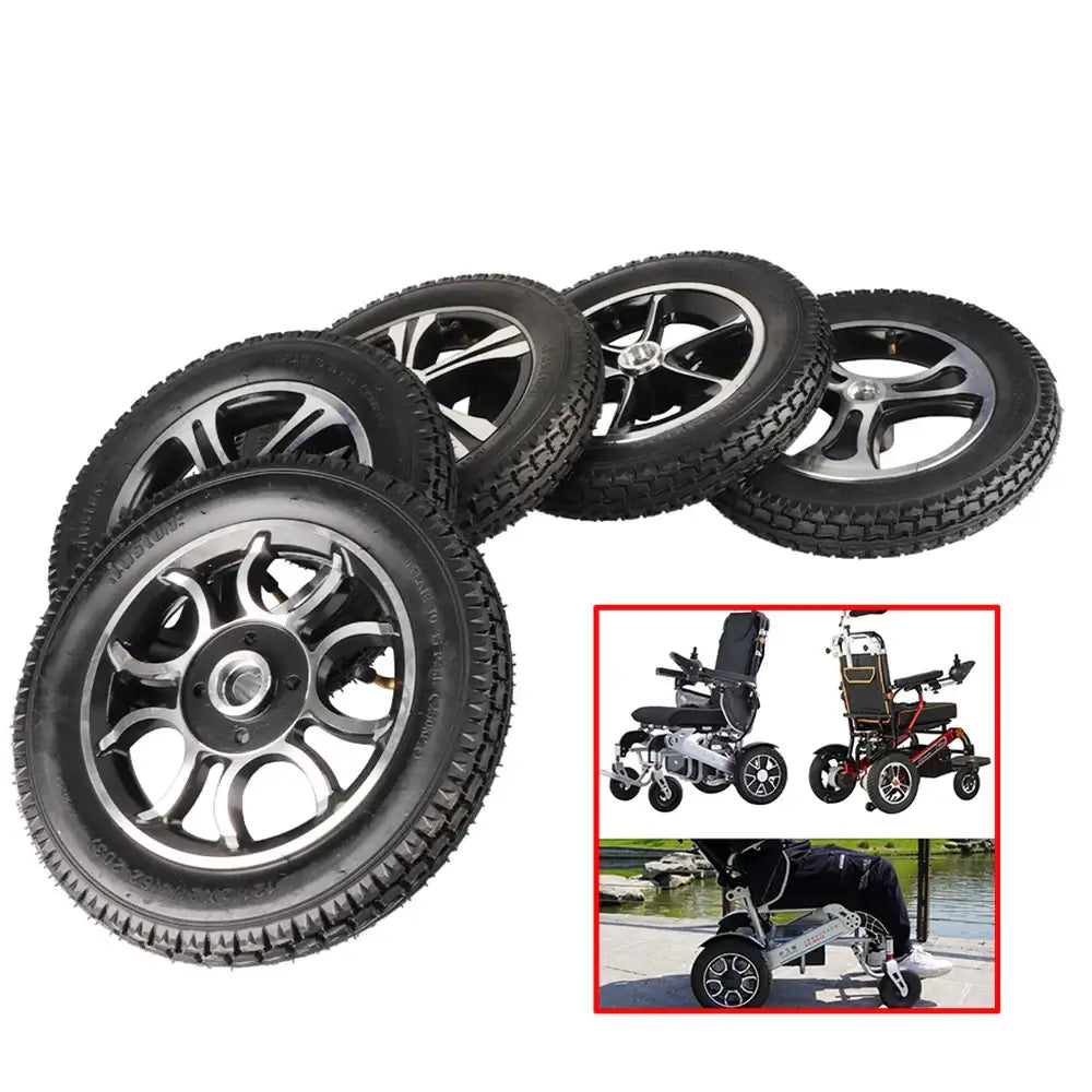 Front view of 12 inch rear wheel with pneumatic tire and inner tube
