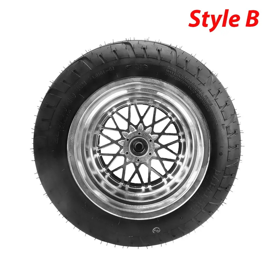 Front view of 225/40-10 tubeless tire with 10 inch alloy hub