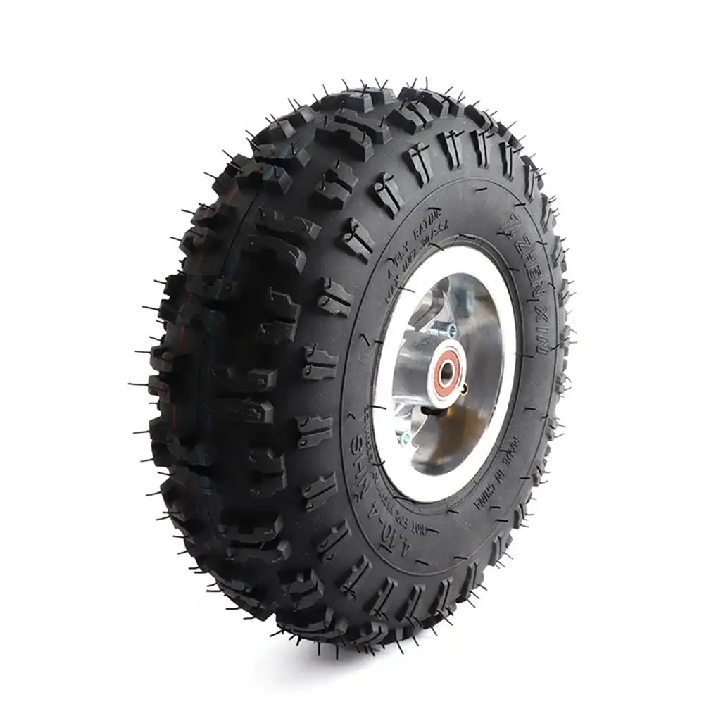 Front view of 4.10-4 pneumatic tire with rim and bearing hub