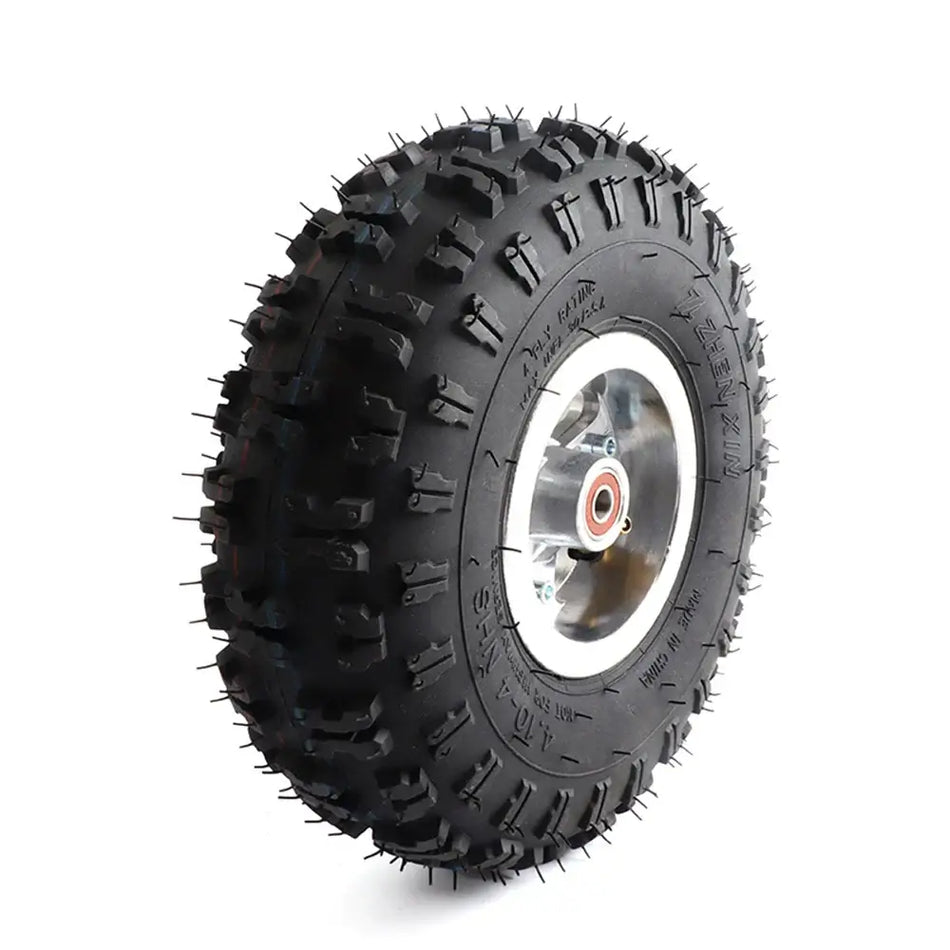 Front view of 4.10-4 pneumatic tire with rim and bearing hub