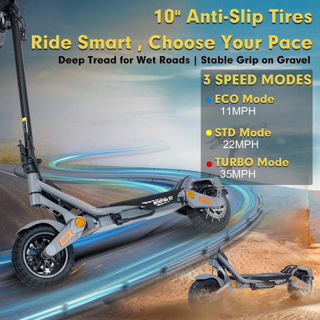 Front view of the electric scooter highlighting the bright LED headlight for night riding
