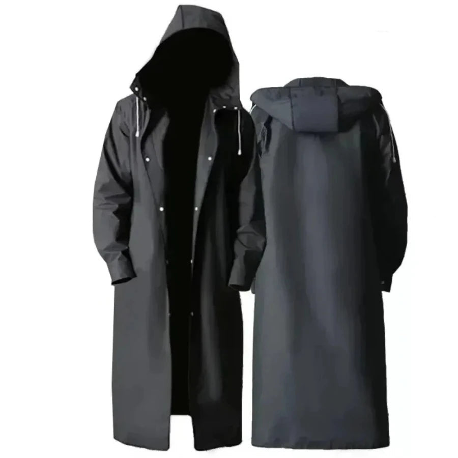 Full-body disposable transparent raincoat for adults with hood and long sleeves.