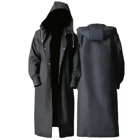 Full-body disposable transparent raincoat for adults with hood and long sleeves.