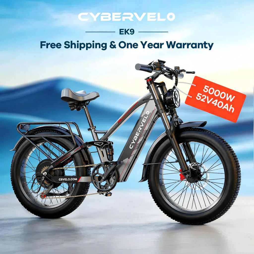 Full side profile of the Cybervelo 5000W peak fat tire electric bike EK9 in all-terrain setting