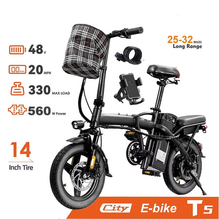 Full side view of the 14-inch folding electric bicycle in open riding position