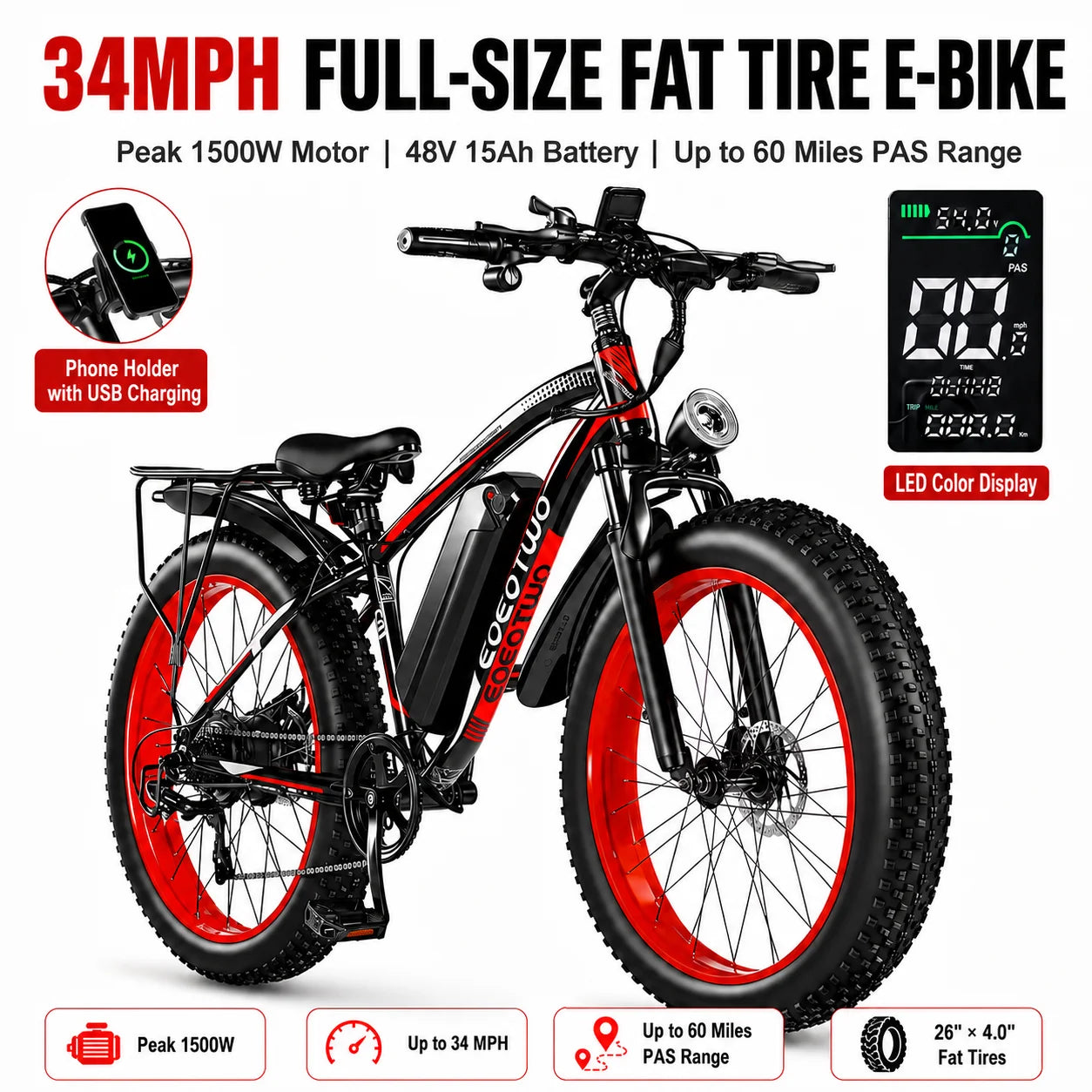 Full side view of the 1500W peak fat tire electric bike for adults