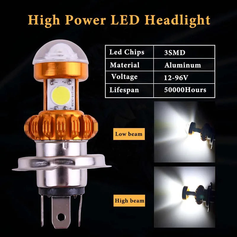 1PC H4 BA20D 3SMD Motorcycle Headlight Hi/Low Scooter Bulb COB Bulb 12V-96V Lamp Motor Fog Headlamp Motorcycle Super Brigh