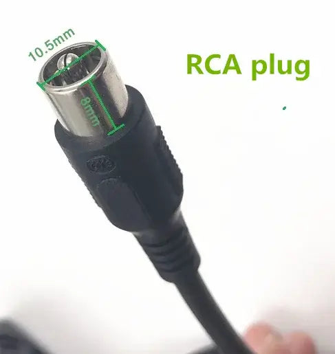 RCA plug connector showing measurements of 10.5mm diameter and 8mm length, used for audio and video connections.