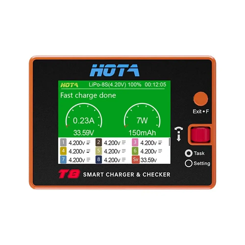 HOTA T8 650W 22A Dual Channel Smart Charger & Battery Checker (1S-8S) - XT60 display showing charging information.