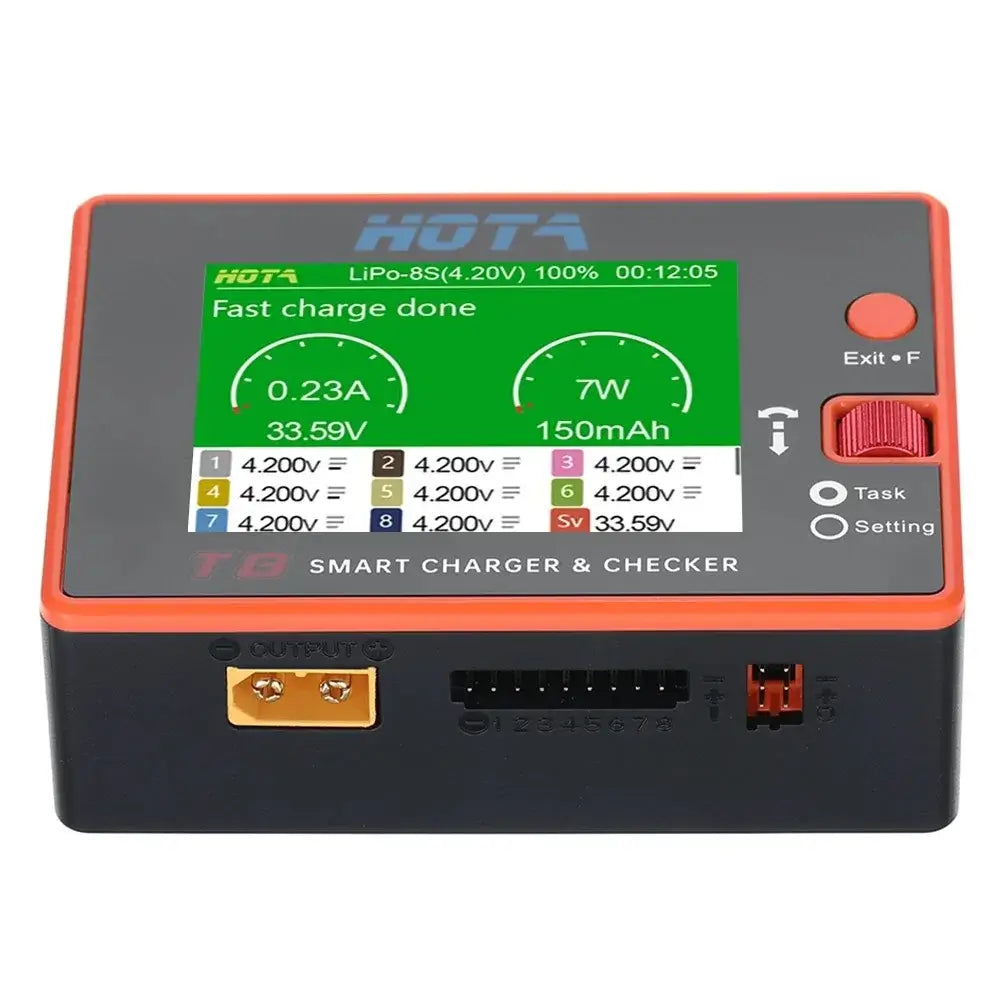 HOTA T8 650W 22A Dual Channel Smart Charger & Battery Checker (1S-8S) - XT60 display showing charging status.