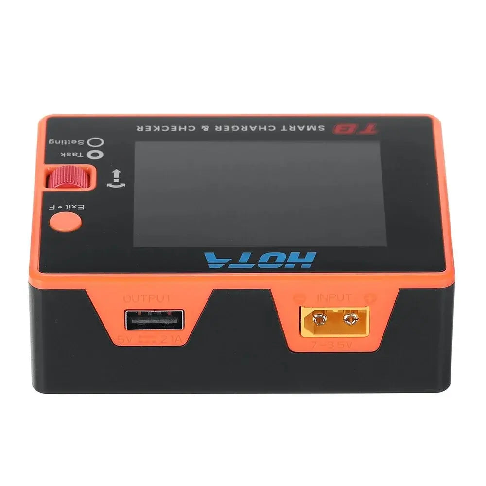 HOTA T8 650W 22A Dual Channel Smart Charger & Battery Checker (1S-8S) - XT60 top view with ports and display