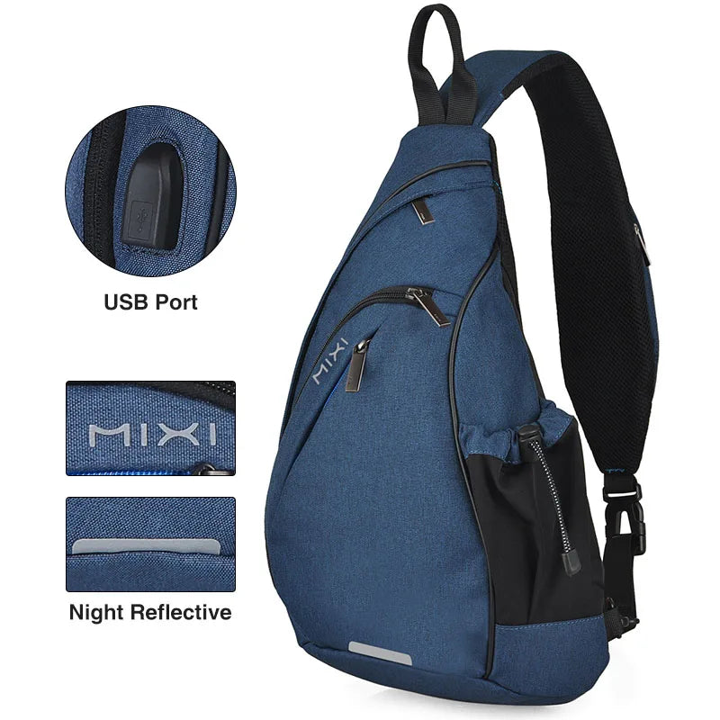 Mixi Men One Shoulder Backpack Women Sling Bag Crossbody USB Boys Cycling Sports Travel Versatile Fashion Bag Student School Blue