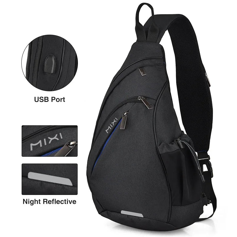 Mixi Men One Shoulder Backpack Women Sling Bag Crossbody USB Boys Cycling Sports Travel Versatile Fashion Bag Student School Black