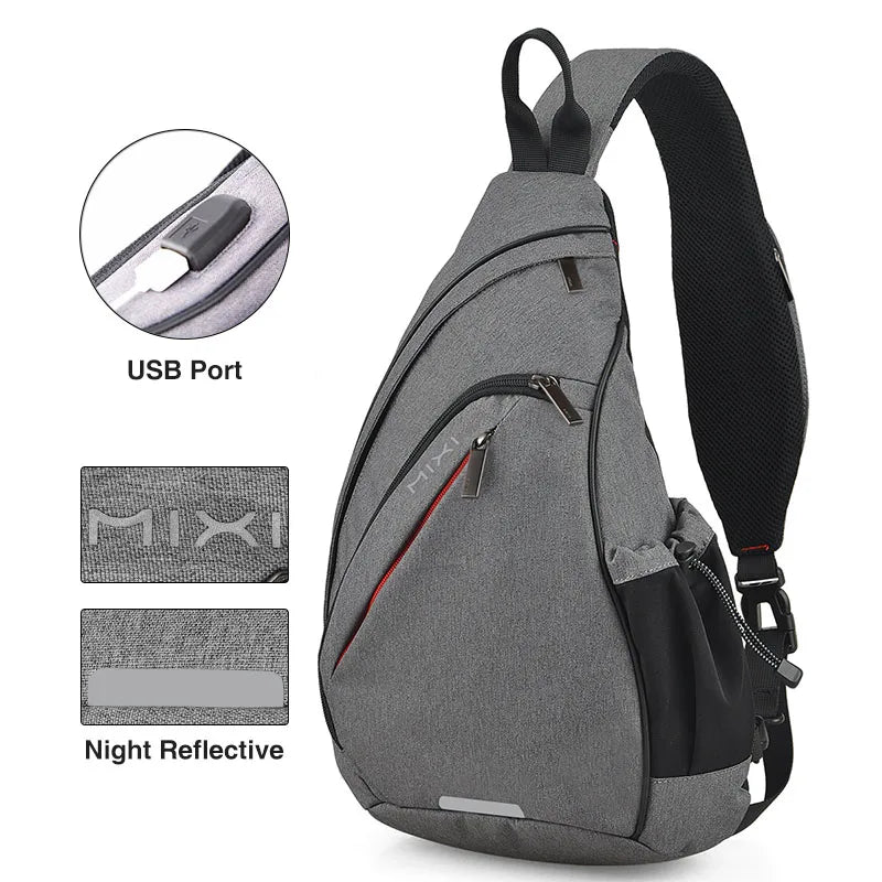 Mixi Men One Shoulder Backpack Women Sling Bag Crossbody USB Boys Cycling Sports Travel Versatile Fashion Bag Student School Gray