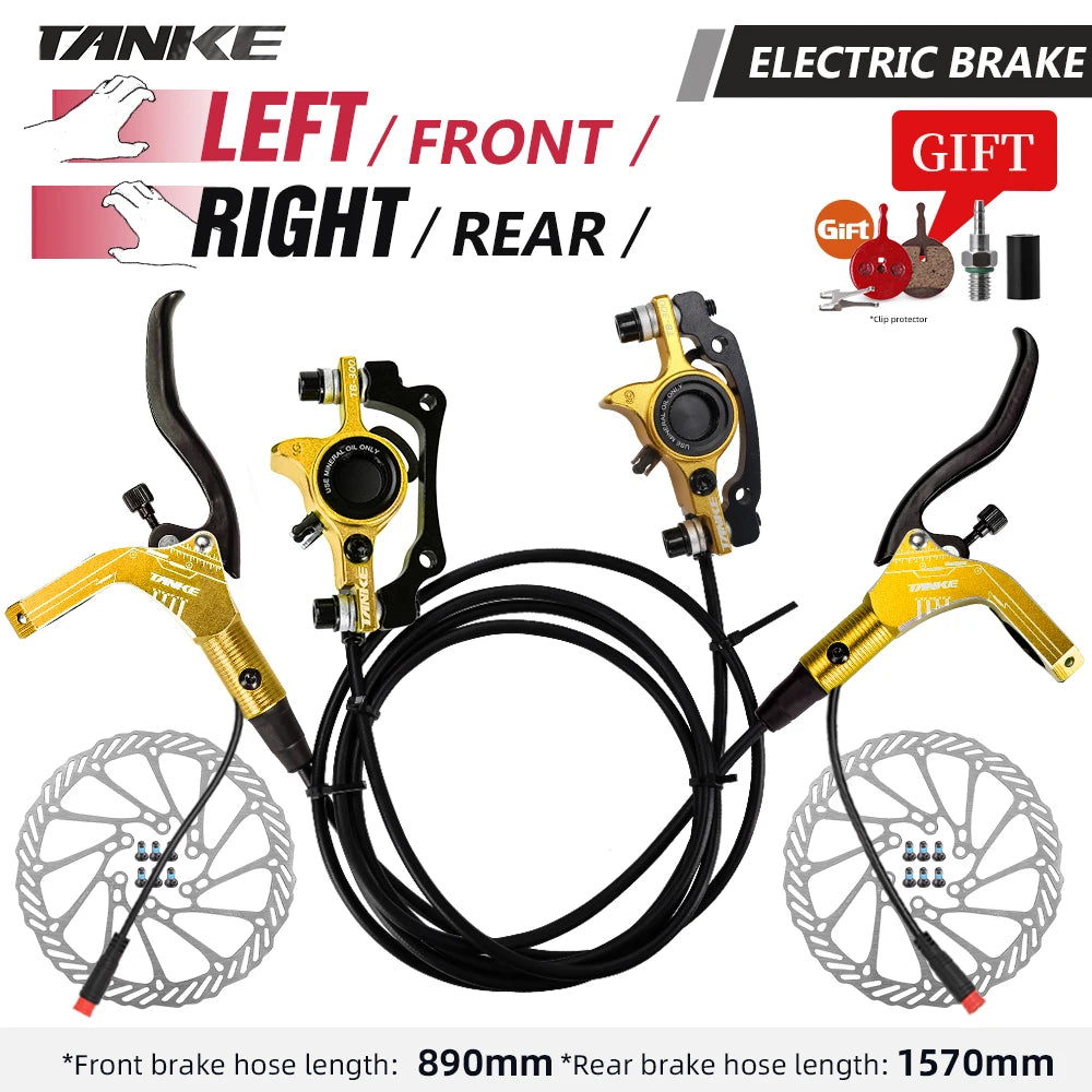 TANKE E-Bike MTB Hydraulic Disc Brake Set Electric E Scooter Power Control Shifter Bicycle Brakes 160mm rotors Aluminum Alloy Golden-LFRR-160mm