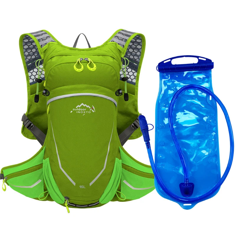 16L Outdoor Sport Cycling Running Mountaineering Hiking Bike Riding Hydration Water Bag Storage Pack UltraLight Bladder Backpack Green and 2L water