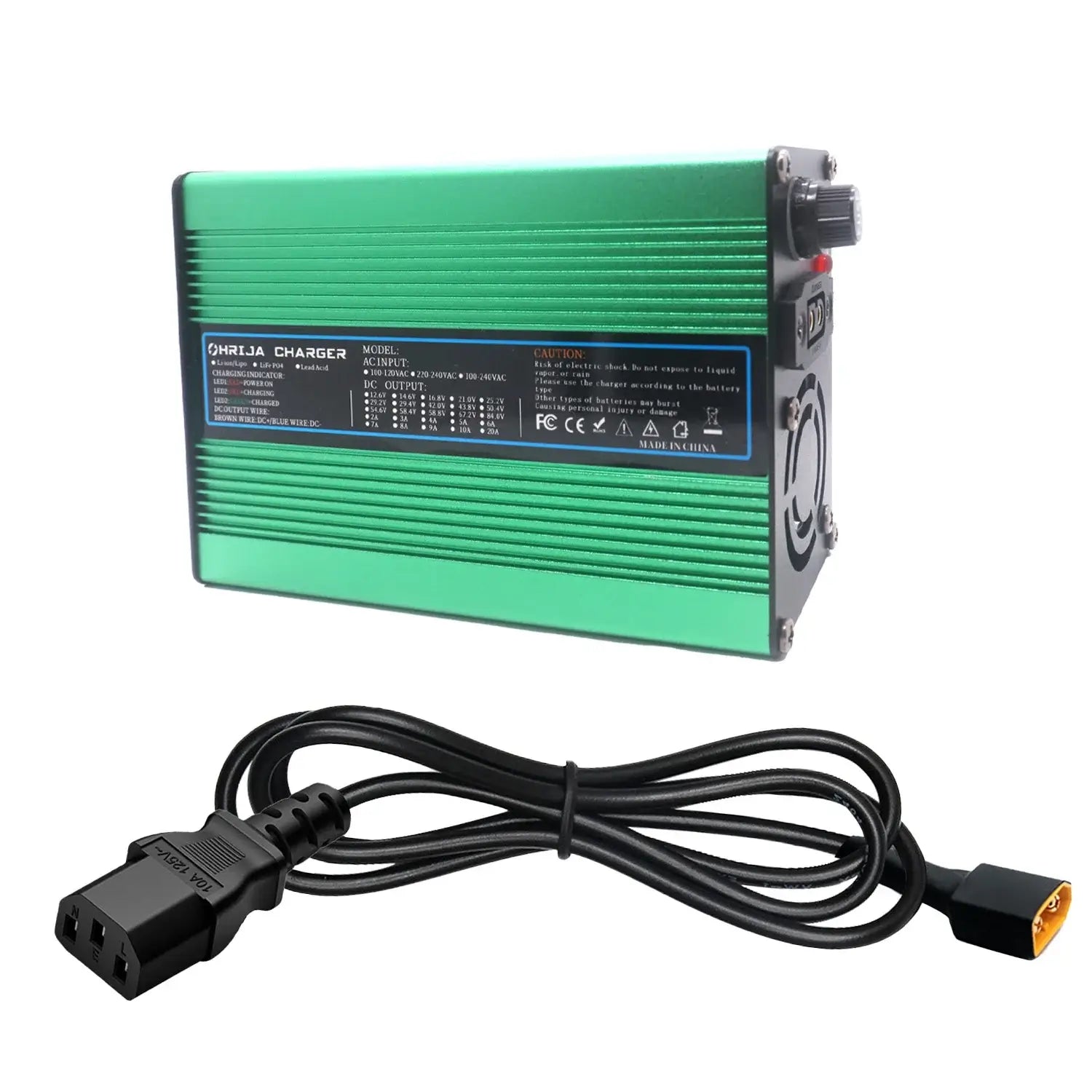 OHRIJA 18.25V 10A Quick Charger for 5S 16V LiFePO4 Battery - Aluminum Shell with charging cable.
