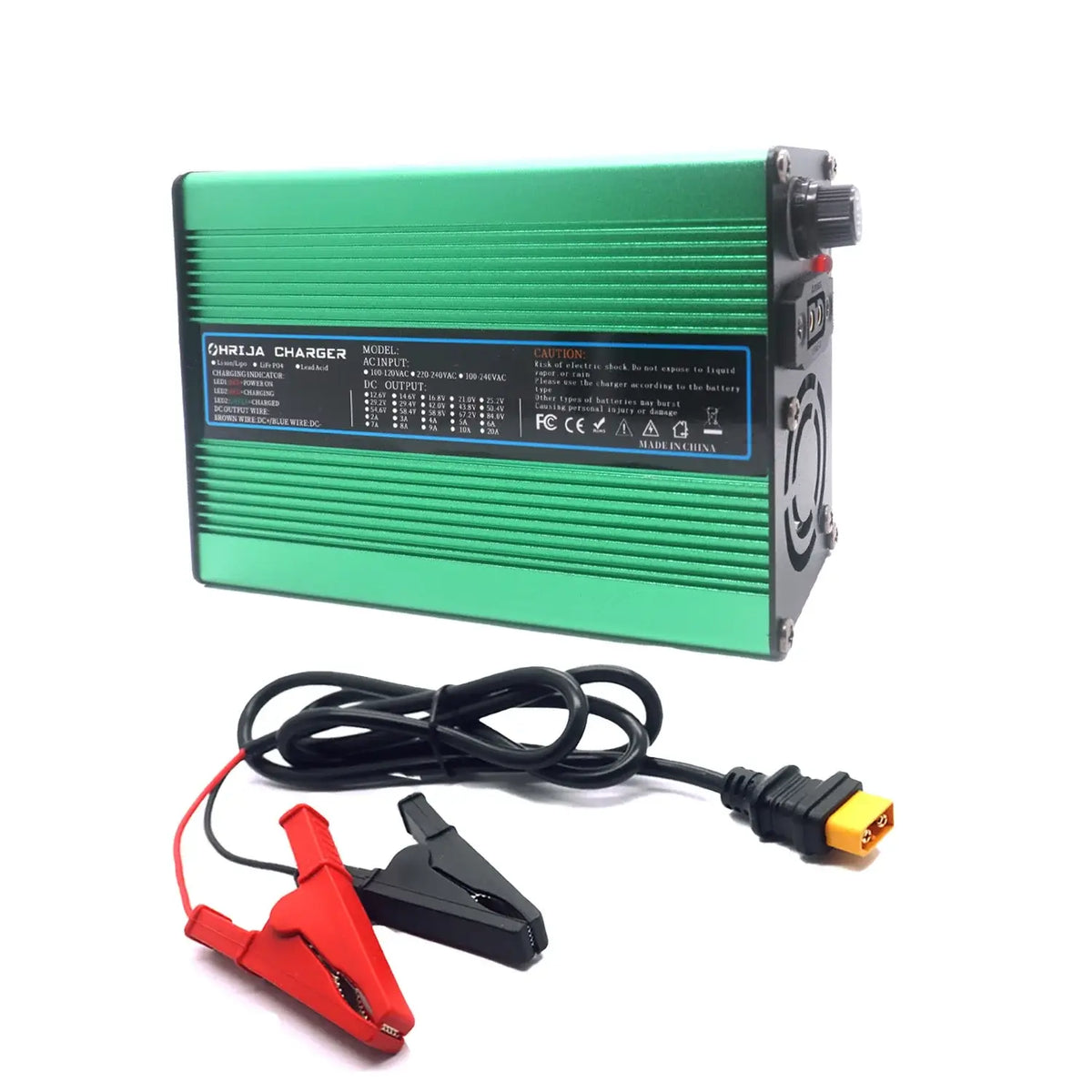 OHRIJA 18.25V 10A Quick Charger for 5S 16V LiFePO4 Battery - Aluminum Shell with clamps and power cord.