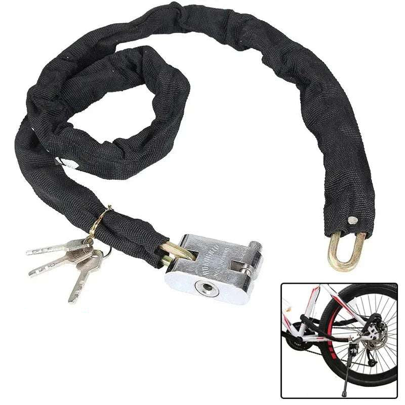 Heavy-duty hardened steel bike chain lock with reinforced fabric cover