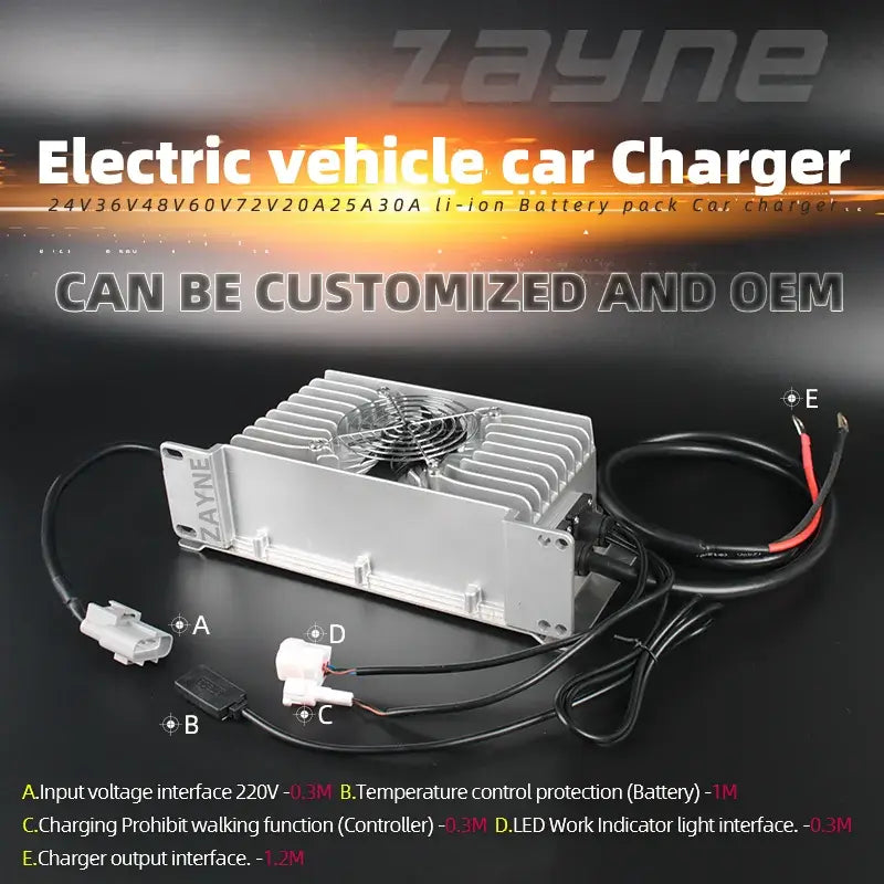 Waterproof Onboard Battery Charger 24V-72V for Golf Cart & Marine AGM Lead-Acid with customizable features.