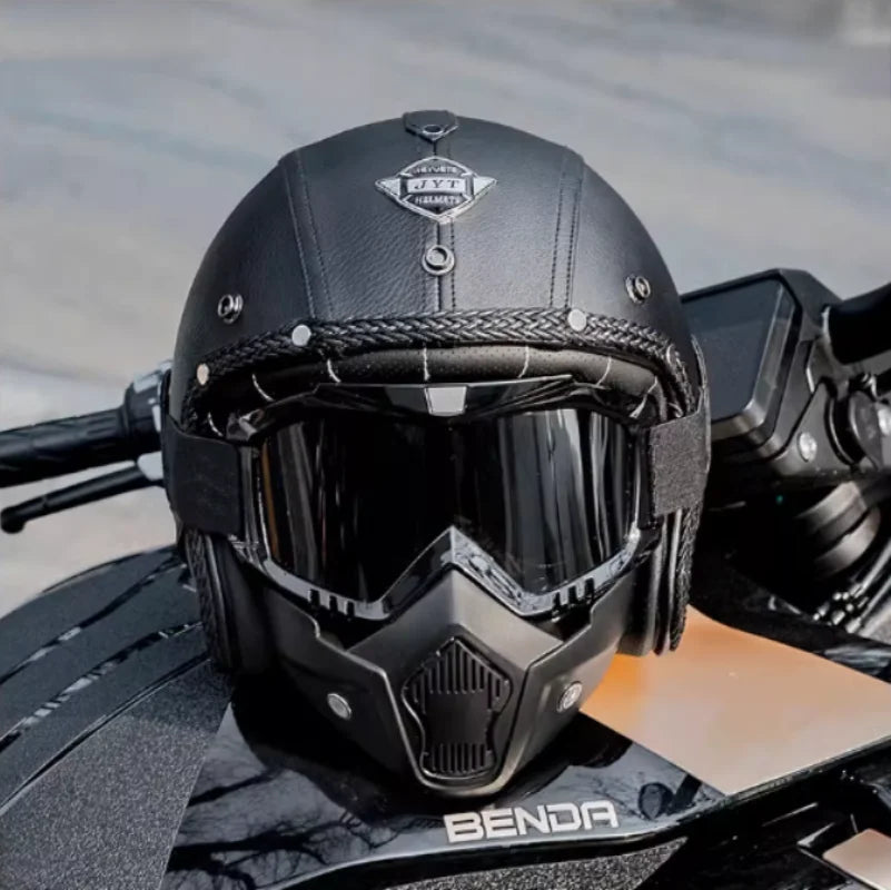   Vintage Motorcycle Helmet for Men - Four Season Leather Jet Helmet