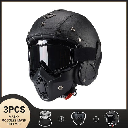   Vintage Motorcycle Helmet for Men - Four Season Leather Jet Helmet