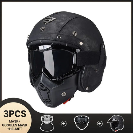   Vintage Motorcycle Helmet for Men - Four Season Leather Jet Helmet