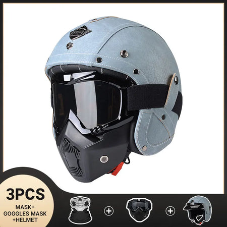   Vintage Motorcycle Helmet for Men - Four Season Leather Jet Helmet