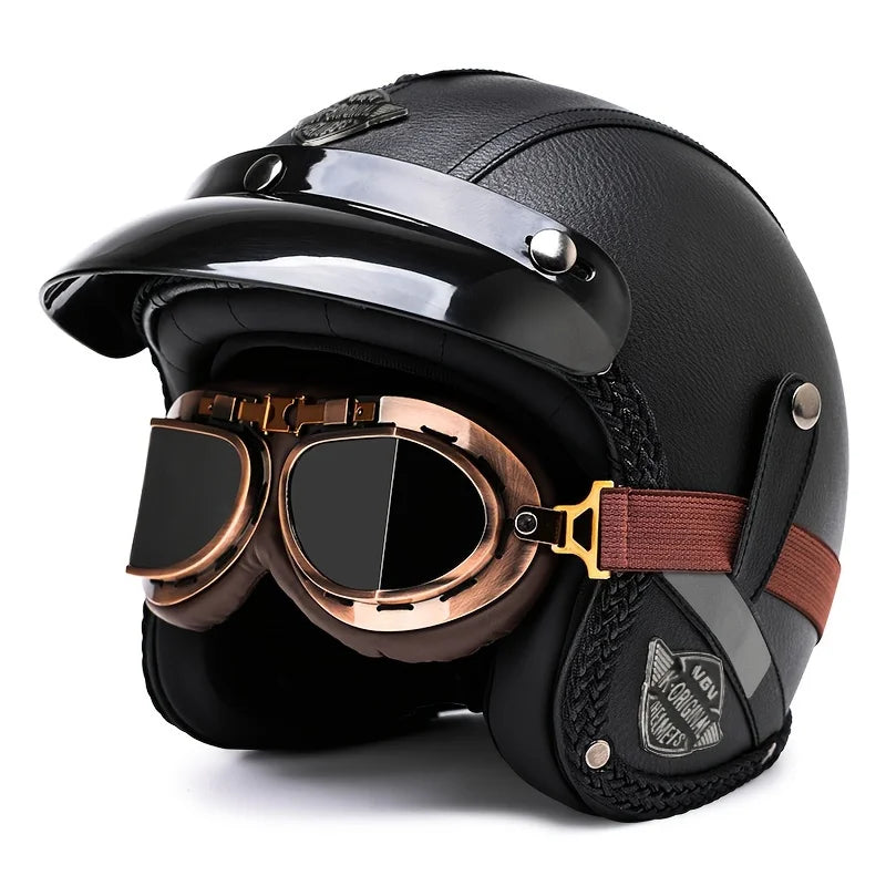   Retro Harley Motorcycle Helmet Quarter-Mask in Dark Blue Leather