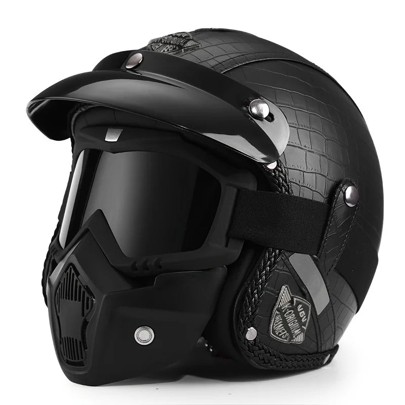   Retro Harley Motorcycle Helmet Quarter-Mask in Dark Blue Leather