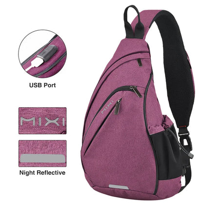 Mixi Men One Shoulder Backpack Women Sling Bag Crossbody USB Boys Cycling Sports Travel Versatile Fashion Bag Student School Purple