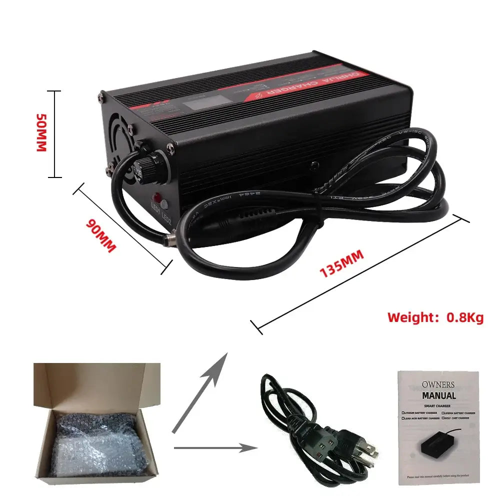 Smart Lithium Battery Charger with OLED Display 36V 48V 60V 72V XT60 Connector High-Precision 5A Fast Charger image showing dimensions.