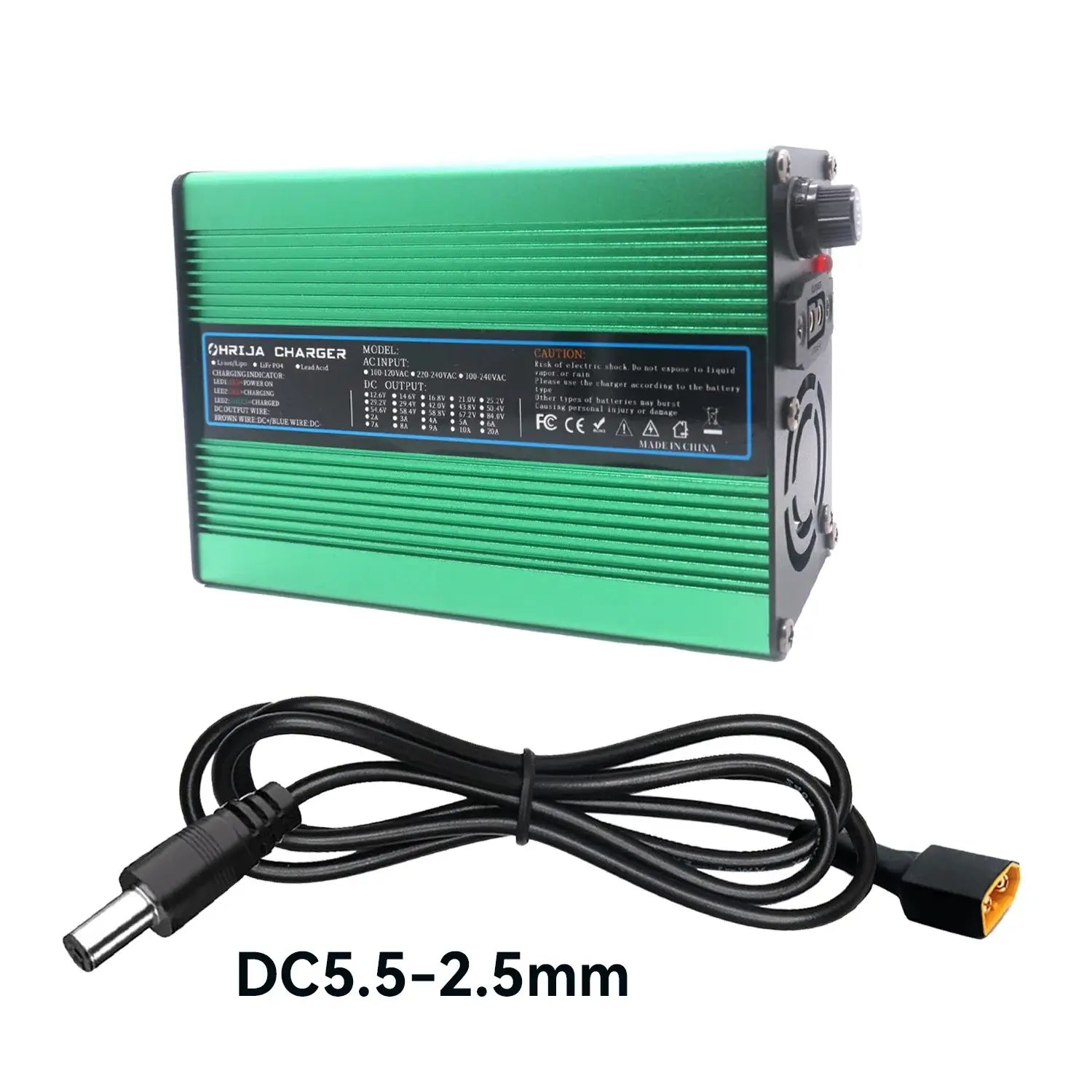 OHRIJA 18.25V 10A Quick Charger for 5S 16V LiFePO4 Battery - Aluminum Shell with cable connection.