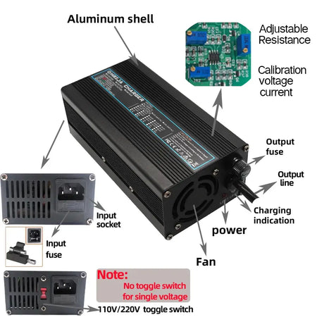 54.6V 10A Smart Lithium Battery Charger for 48V 13S Li-ion (10Ah-40Ah) Aluminum Case & Cooling Fan features labeled diagram.
