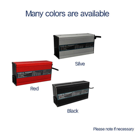 42V 10A Smart Lithium-Ion Battery Charger with Aluminum Case 37V 10S Battery for E-Bike & Balance Car available in red, silver, and black.