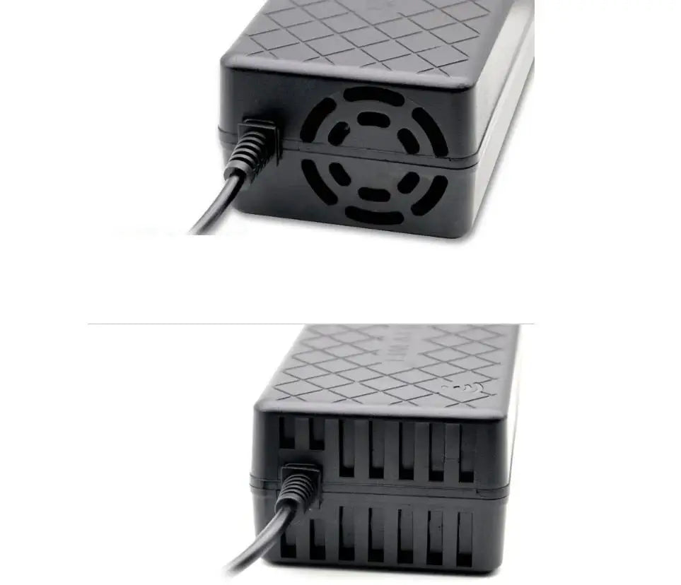Smart 60V 16S Lithium Charger 67.2V 2A for 10Ah 12Ah 14Ah 20Ah Battery image showing side and top views.