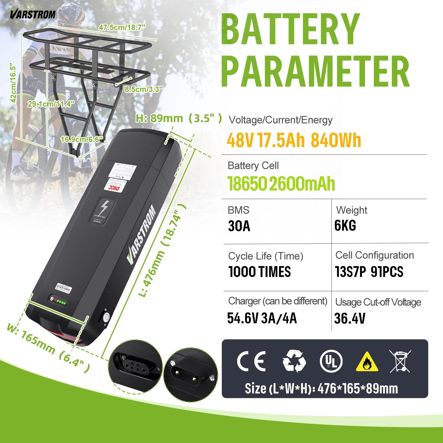 High-capacity Varstrom rear rack battery compatible with Bafang and Tongsheng motor kits