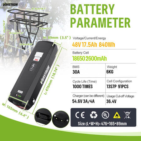 High-capacity Varstrom rear rack battery compatible with Bafang and Tongsheng motor kits