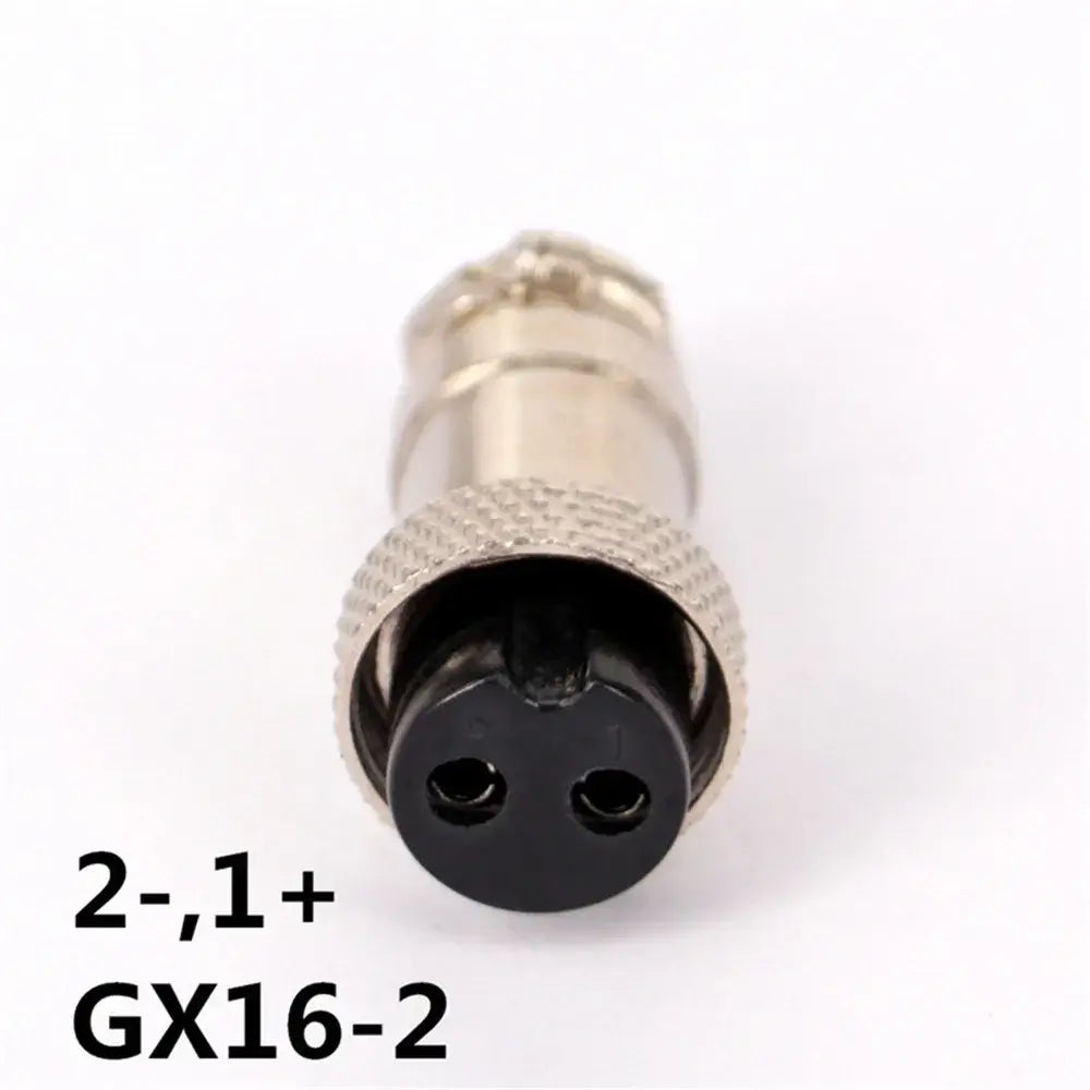 2-,1+ GX16-2 connector for electrical applications, featuring a durable metal housing and two-pin design.