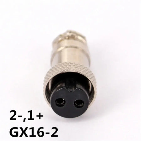 2-,1+ GX16-2 connector for electrical applications, featuring a durable metal housing and two-pin design.