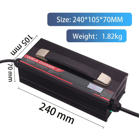 48V 18A Smart Golf Cart Charger with Digital Display & Handle for EZGO & Club Car (Lead-Acid) dimensions and features.