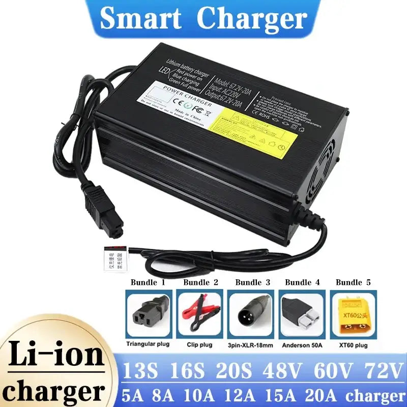 Smart Aluminum Li-ion Battery Charger - 48V 60V 72V (54.6V/67.2V/84V) 5A-20A High Current for efficient power charging.