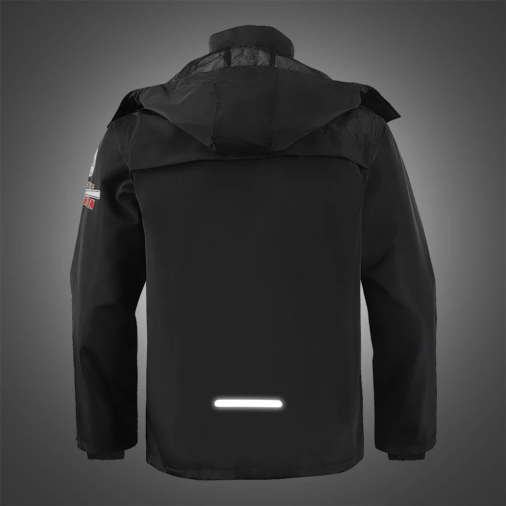 High-visibility reflective strips on WOSAWE rain jacket for safe night-time motorcycle riding