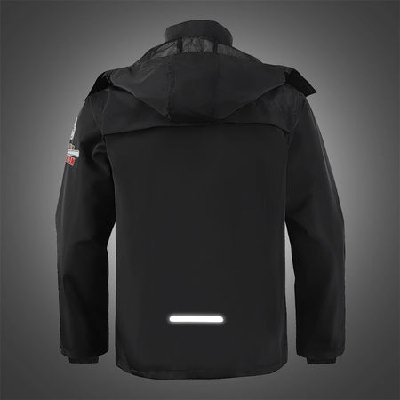 High-visibility reflective strips on WOSAWE rain jacket for safe night-time motorcycle riding