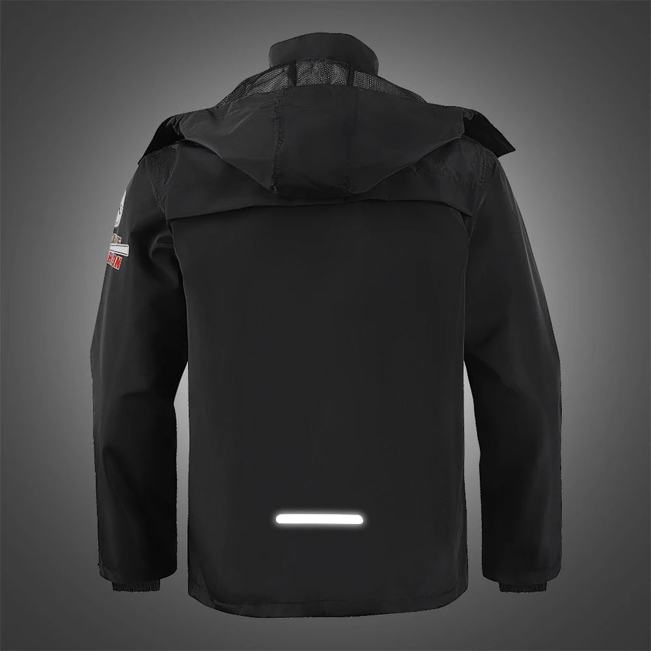 High-visibility reflective strips on WOSAWE rain jacket for safe night-time motorcycle riding